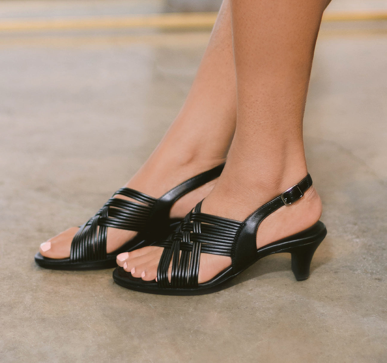 Marianna dress sandal with crisscross woven leather rolled straps, a back strap with an adjustable buckle on Leawood kitten heel. - lifestyle mobile