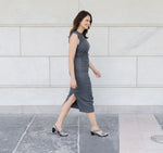 Lucia dress sandal with a single-band vamp strap and an asymmetrical hook & loop instep strap in gunmetal suede - lifestyle