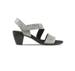 Lucia dress sandal with a single-band vamp strap and an asymmetrical hook & loop instep strap in gunmetal suede - side view