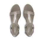 Marta kitten-heel dressy sandal with t-strap and hook & loop back strap in taupe metallic leather-top view