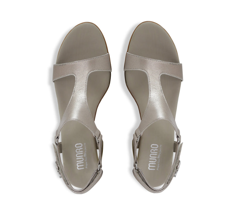 Marta kitten-heel dressy sandal with t-strap and hook & loop back strap in taupe metallic leather-top view