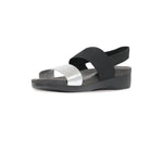 Pisces double-strap footbed sandal with black stretch fabric instep and ankle strap and silver color suede vamp strap-inside view