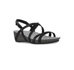 Tarifa black metallic suede strappy sandal on low wedge platform with crisscross vamp and instep straps along with a hook & loop back strap-angle view