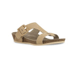 Ronda T-strap slide sandal with an adjustable buckle instep strap, suede covered footbed, and cork/latex combination in tan croc nubuck-angle view