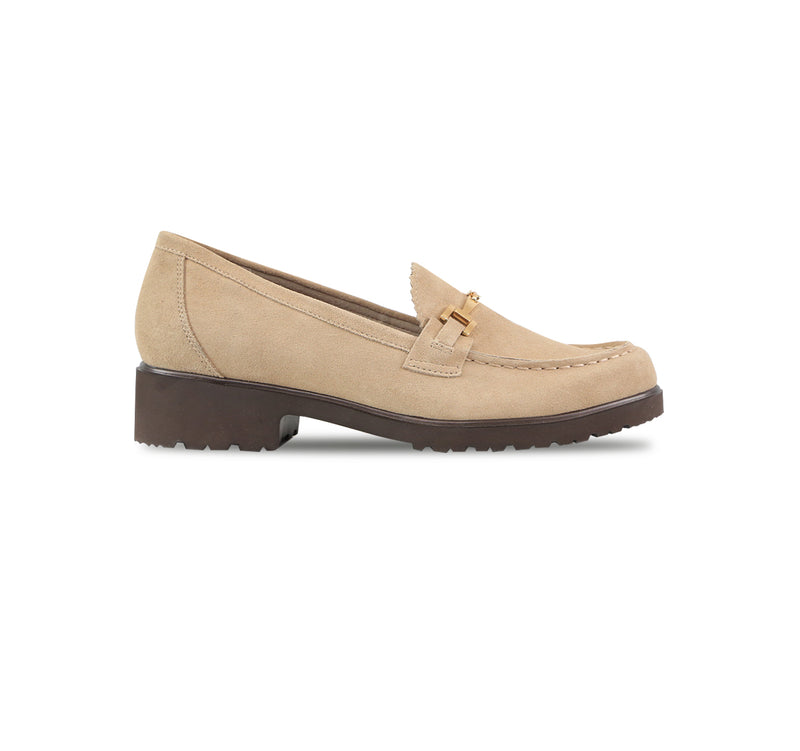 Colleen a Cow Suede Moc Toe Loafer in Sand with Ornamental Detailing - Outside View