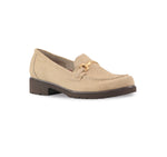 Colleen a Cow Suede Moc Toe Loafer in Sand with Ornamental Detailing - Angle View