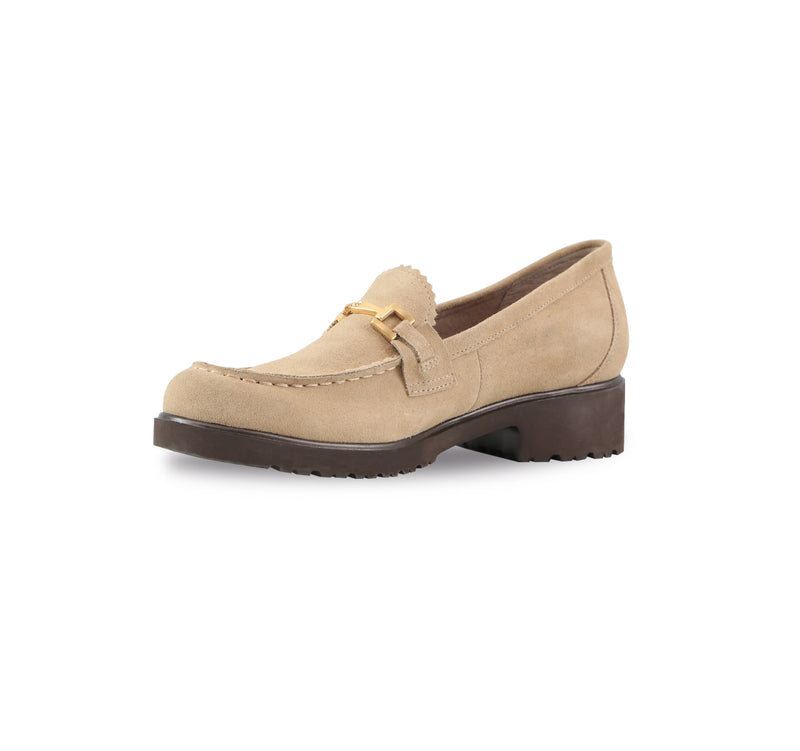 Colleen a Cow Suede Moc Toe Loafer in Sand with Ornamental Detailing - Inside View