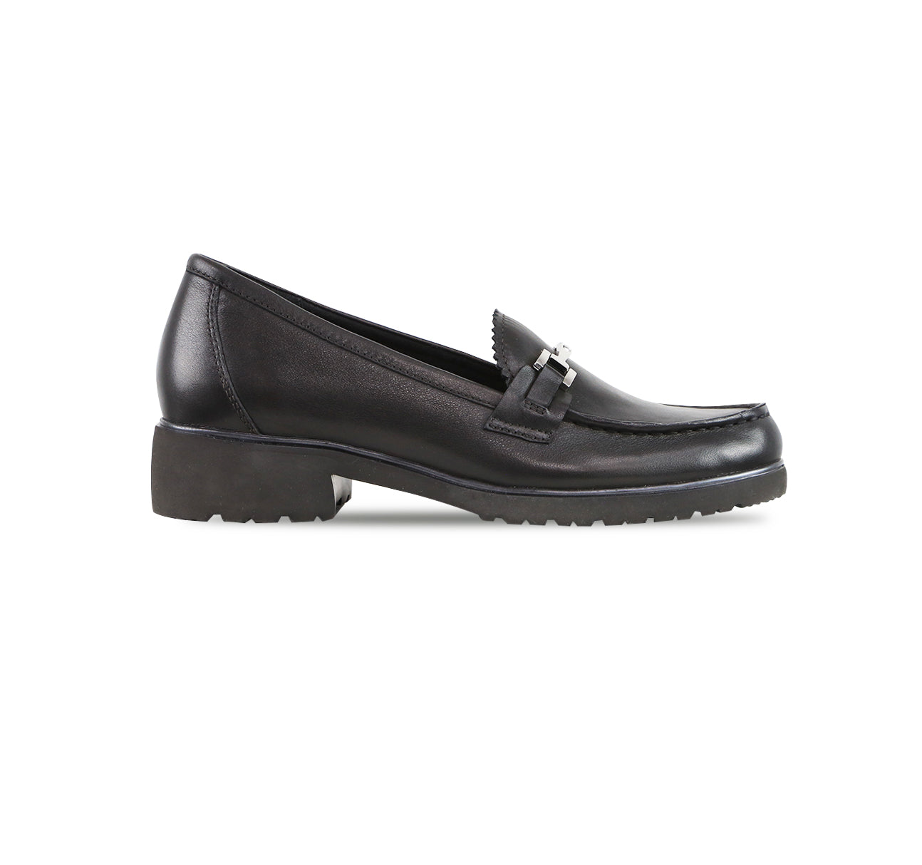 Colleen a Calf Leather Moc Toe Loafer in Black with Ornamental Detailing - Outside View