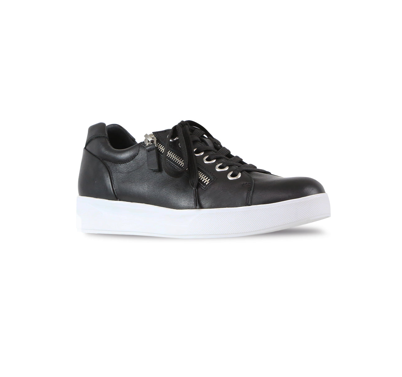 Tilly in cow leather, sport, athleisure oxford  with outside zipper on EVA outsole in black - angle view