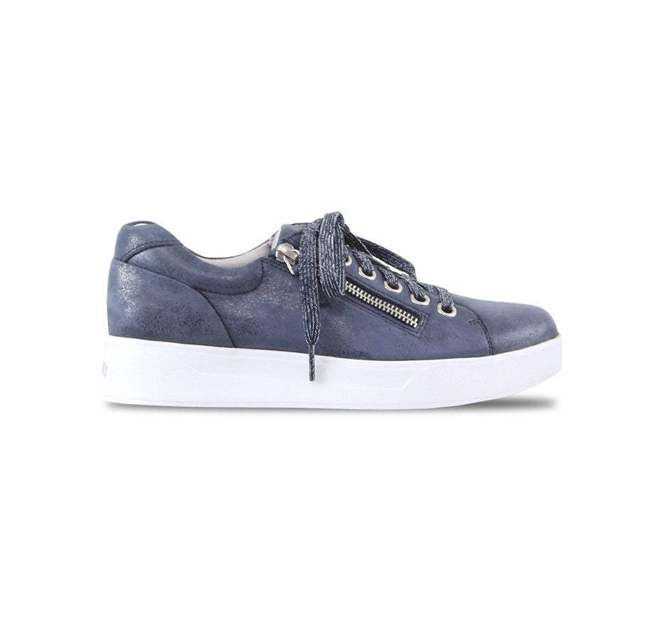 Tilly in denim cow leather, sport, athleisure oxford  with outside zipper on EVA outsole - side view