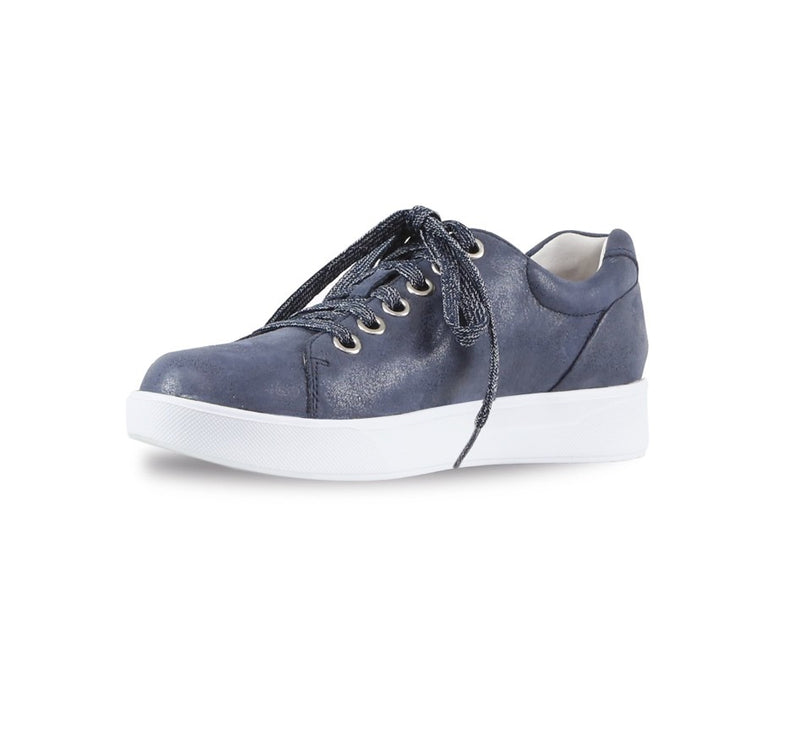 Tilly in denim cow leather, sport, athleisure oxford  with outside zipper on EVA outsole - inside view