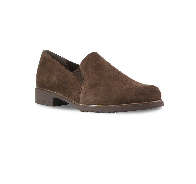 Kam brown suede twin-gore slip-in on lightly lug sole with stylized welt detail - angle view