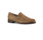 Giselle suede loafer in fawn color minimalist feminine look on lug outsole with stylized welt detail -  angle view