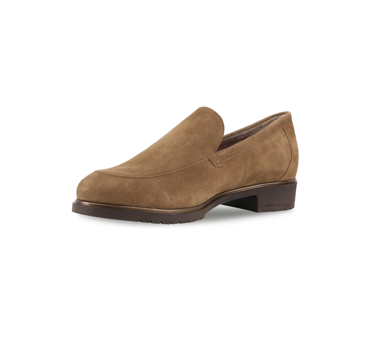 Giselle suede loafer in fawn color minimalist feminine look on lug outsole with stylized welt detail -  inside view