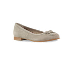 Joslynn kid suede in deep taupe flatt with a dainty bow and half-inch wedge for comfort - angle view