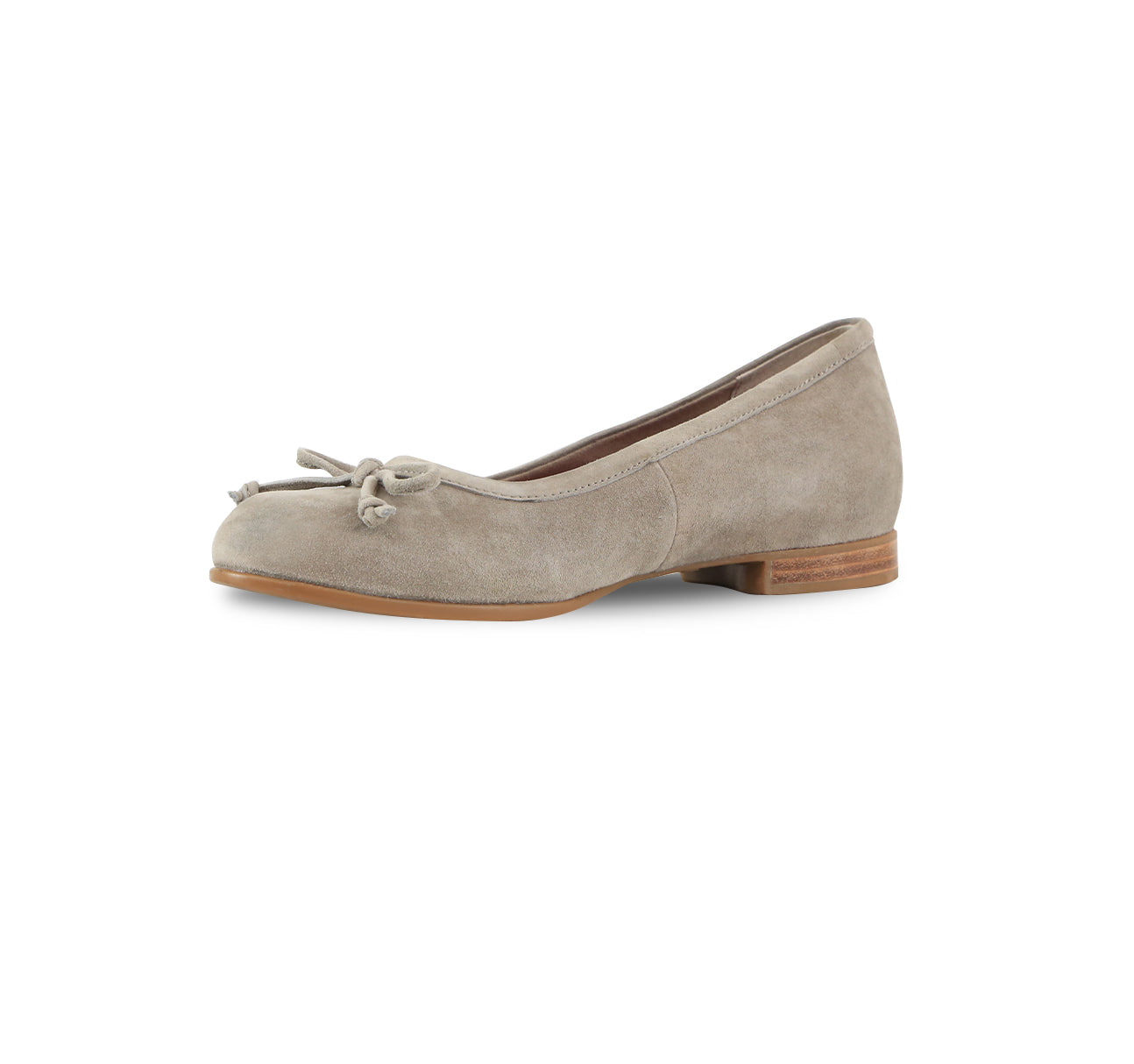 Joslynn kid suede in deep taupe flatt with a dainty bow and half-inch wedge for comfort - inside view