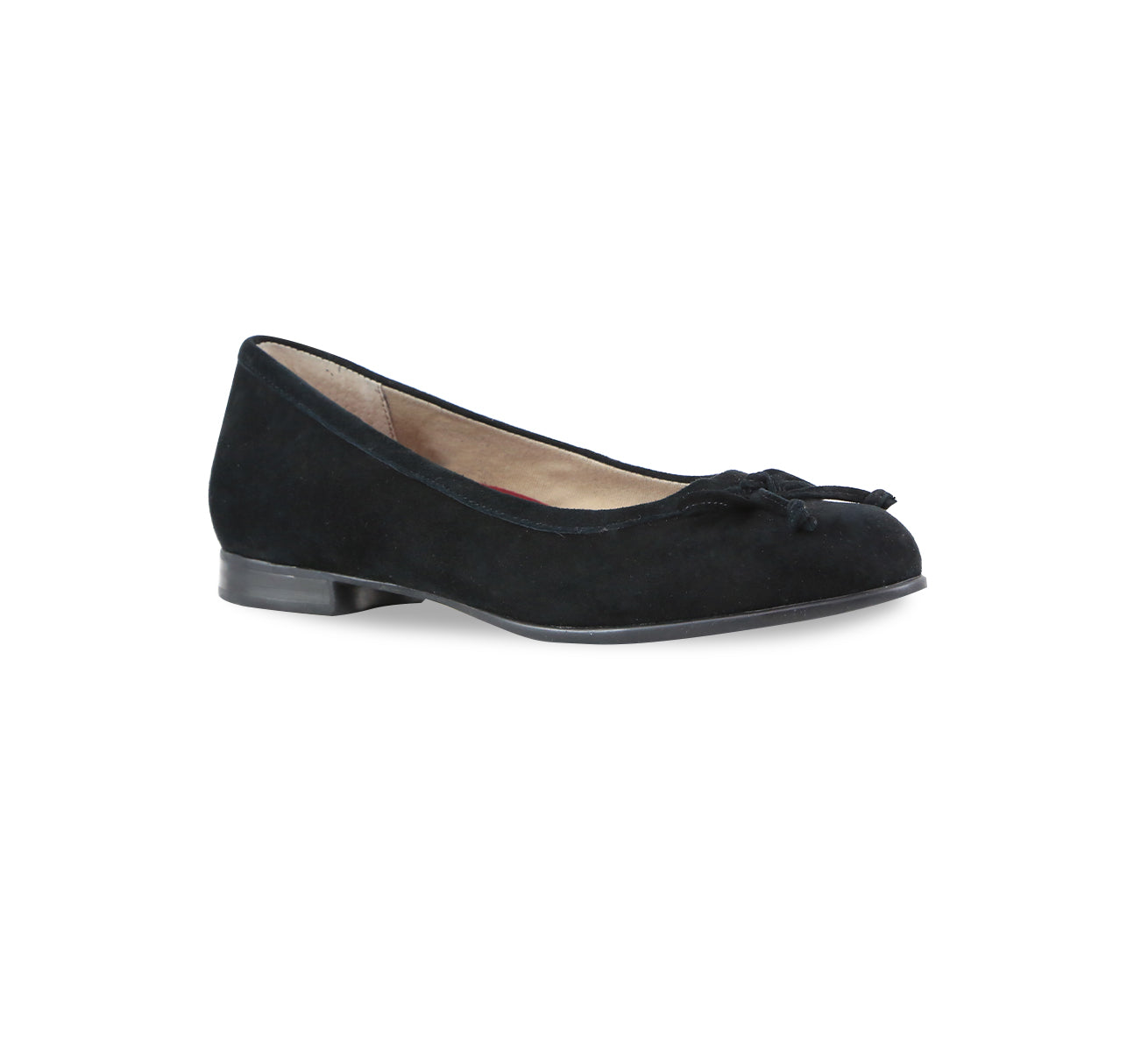 Joslynn kid suede in black flatt with a dainty bow and half-inch wedge for comfort - angle view