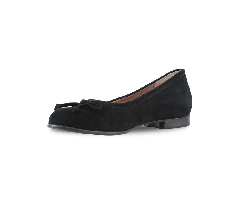 Joslynn kid suede in black flatt with a dainty bow and half-inch wedge for comfort - inside view