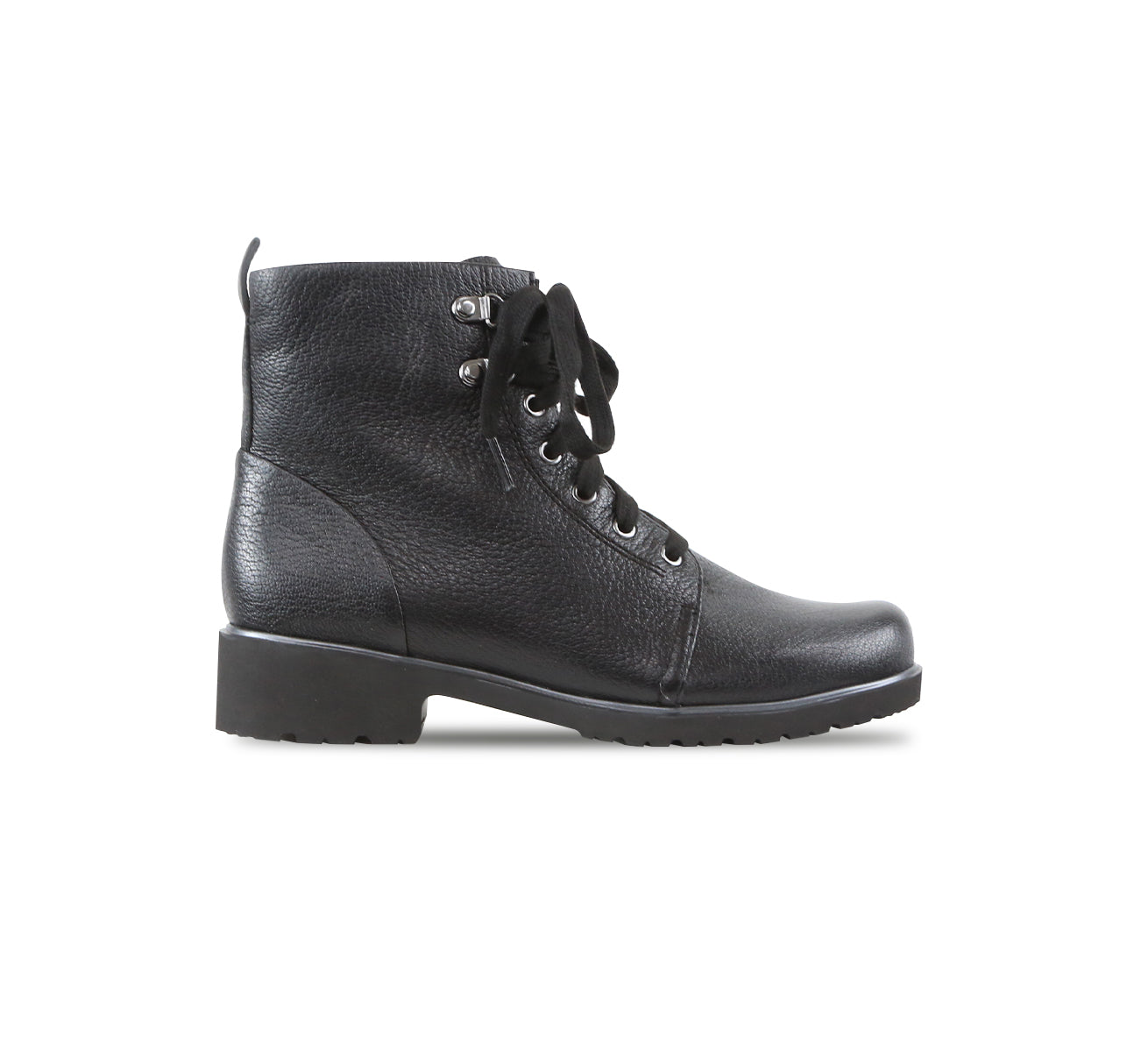 Hartley Cow Leather Ankle Boot in Black with Inside Zipper and Lace Up Upper - Outside View