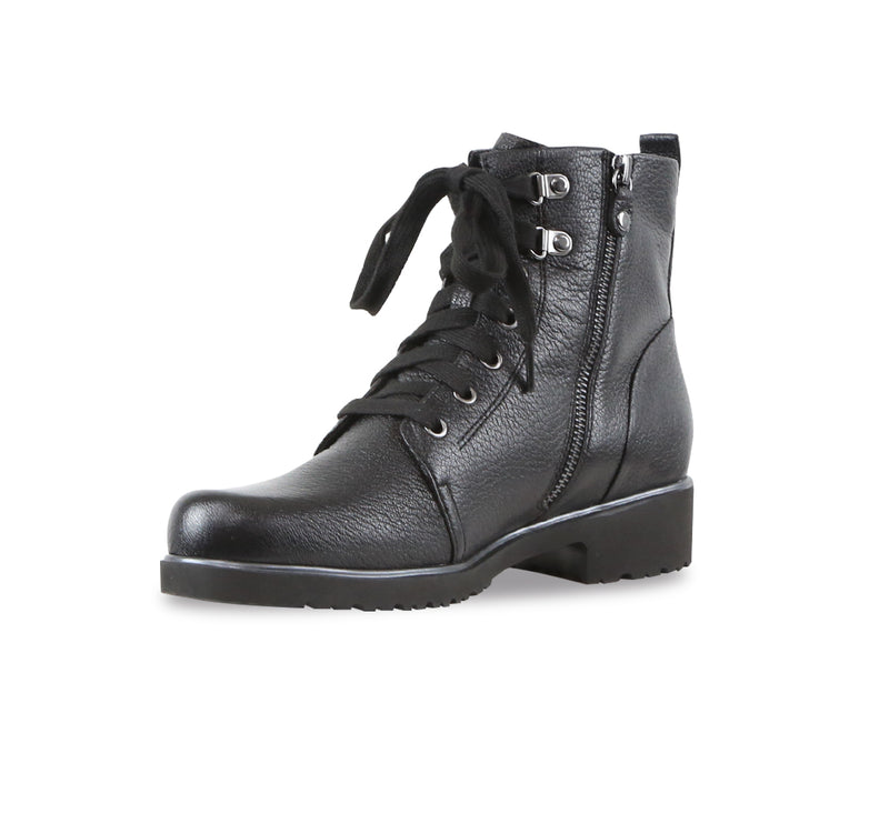 Hartley Cow Leather Ankle Boot in Black with Inside Zipper and Lace Up Upper - Inside View