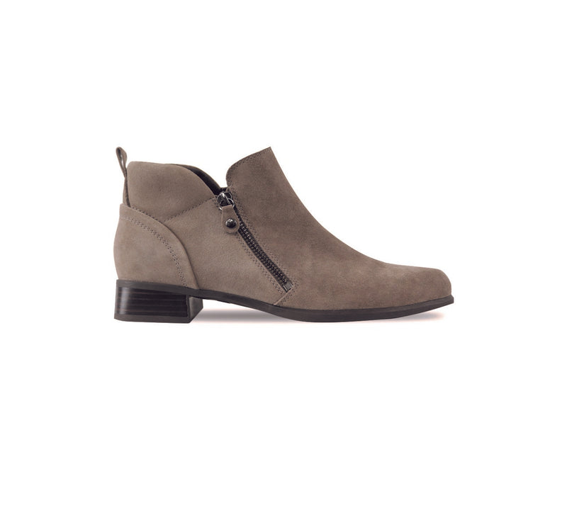 MUNRO NEKO BOOT WITH INSIDE & OUTSIDE ZIPPER ON LOW LEAWOOD WRAPPED HEEL IN ALMOND COLOR SUEDE-SIDE VIEW