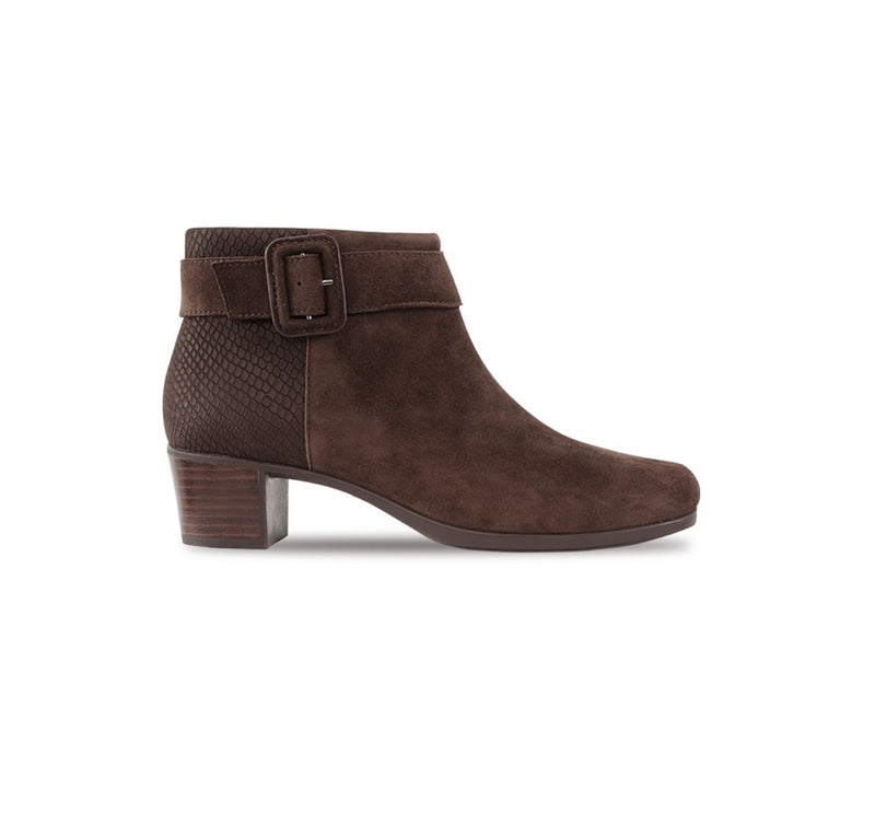 CALLIE ANKLE BOOT WITH FASHION STRAP AND INSIDE ZIPPER IN BROWN SUEDE-SIDE VIEW