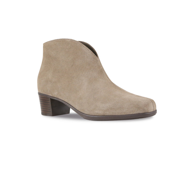 Shelly Almond Suede Bootie with Outside Zipper ob Rubber Unit Outsole - Angle View