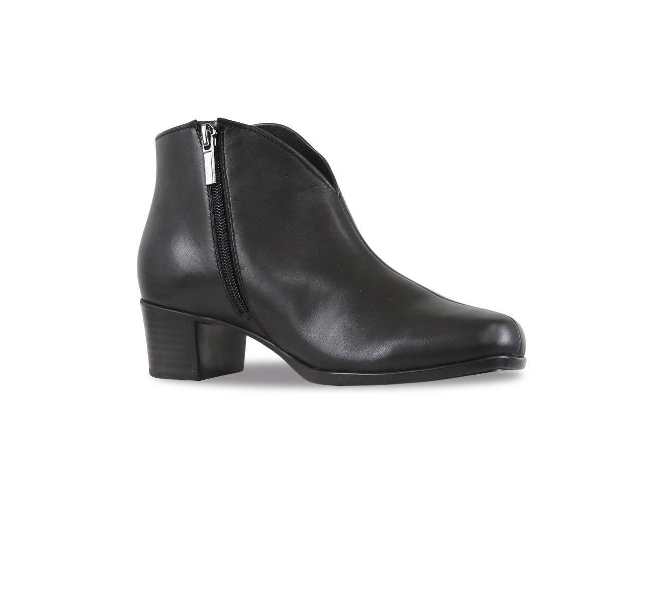 Shelly Black Leather Bootie with Outside Zipper ob Rubber Unit Outsole - Side View