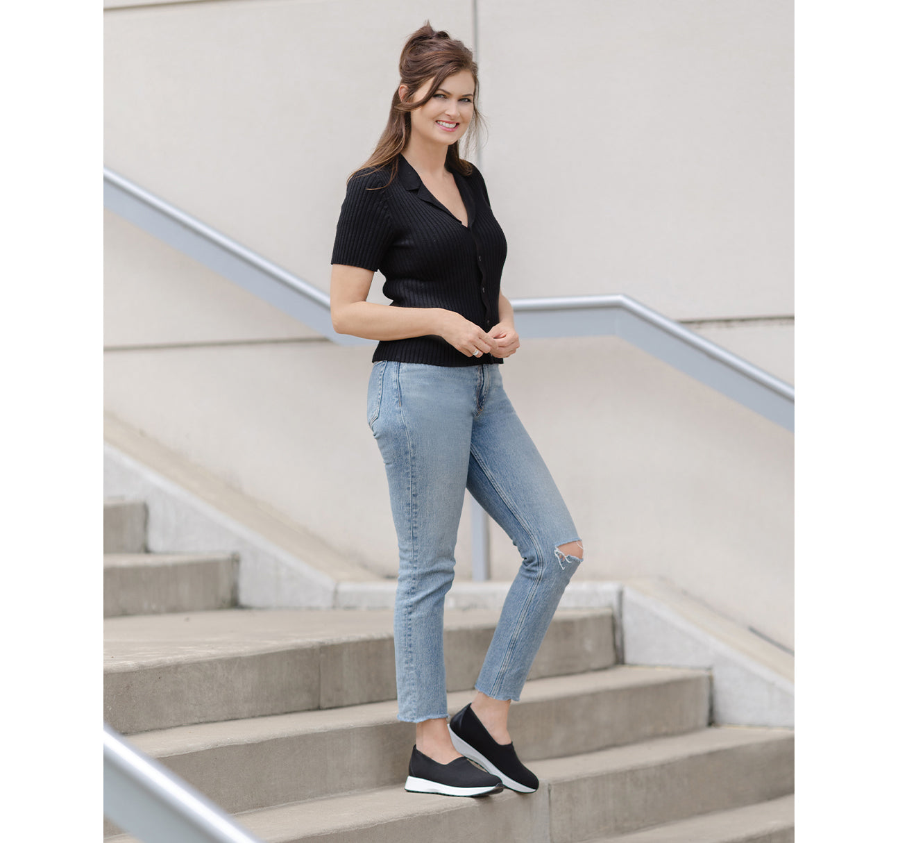 Mackenna slip-on in stretch fabric and leather trim on athleisure unit-lifestyle view