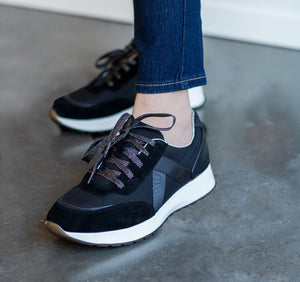 PIPER ATHLEISURE OXFORD IN BLACK SUEDE & FABRIC COMBINATION ON MODEL_LIFESTYLE REVERSED