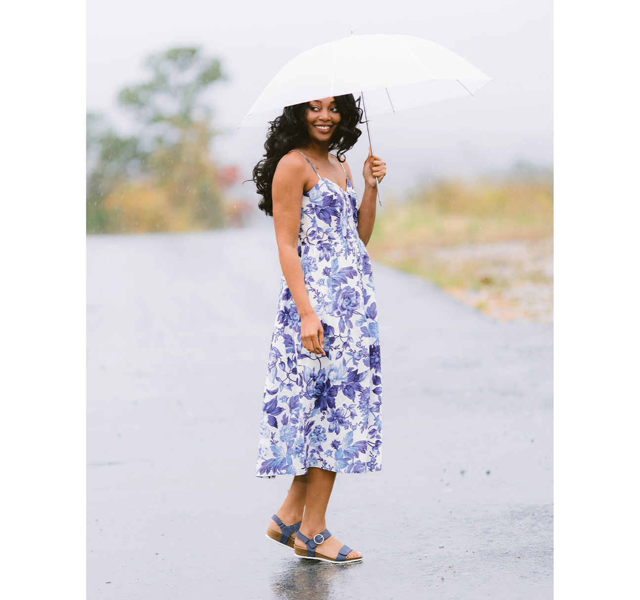 Sintra footbed sandal on cork latex combination, low platform-wedge, three hook & loop straps for fit adjustment in Atlantic blue nubuck-model