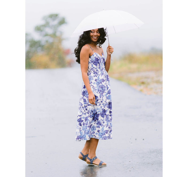 Sintra footbed sandal on cork latex combination, low platform-wedge, three hook & loop straps for fit adjustment in Atlantic blue nubuck-model