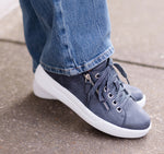 Tilly in denim cow leather, sport, athleisure oxford  with outside zipper on EVA outsole - feet lifestyle