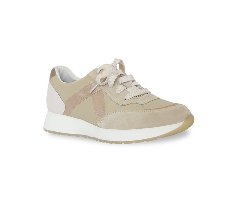 PIPER ATHLEISURE OXFORD IN KHAKI & GOLD SUEDE & FABRIC MATERIALS - ANGLE VIEW