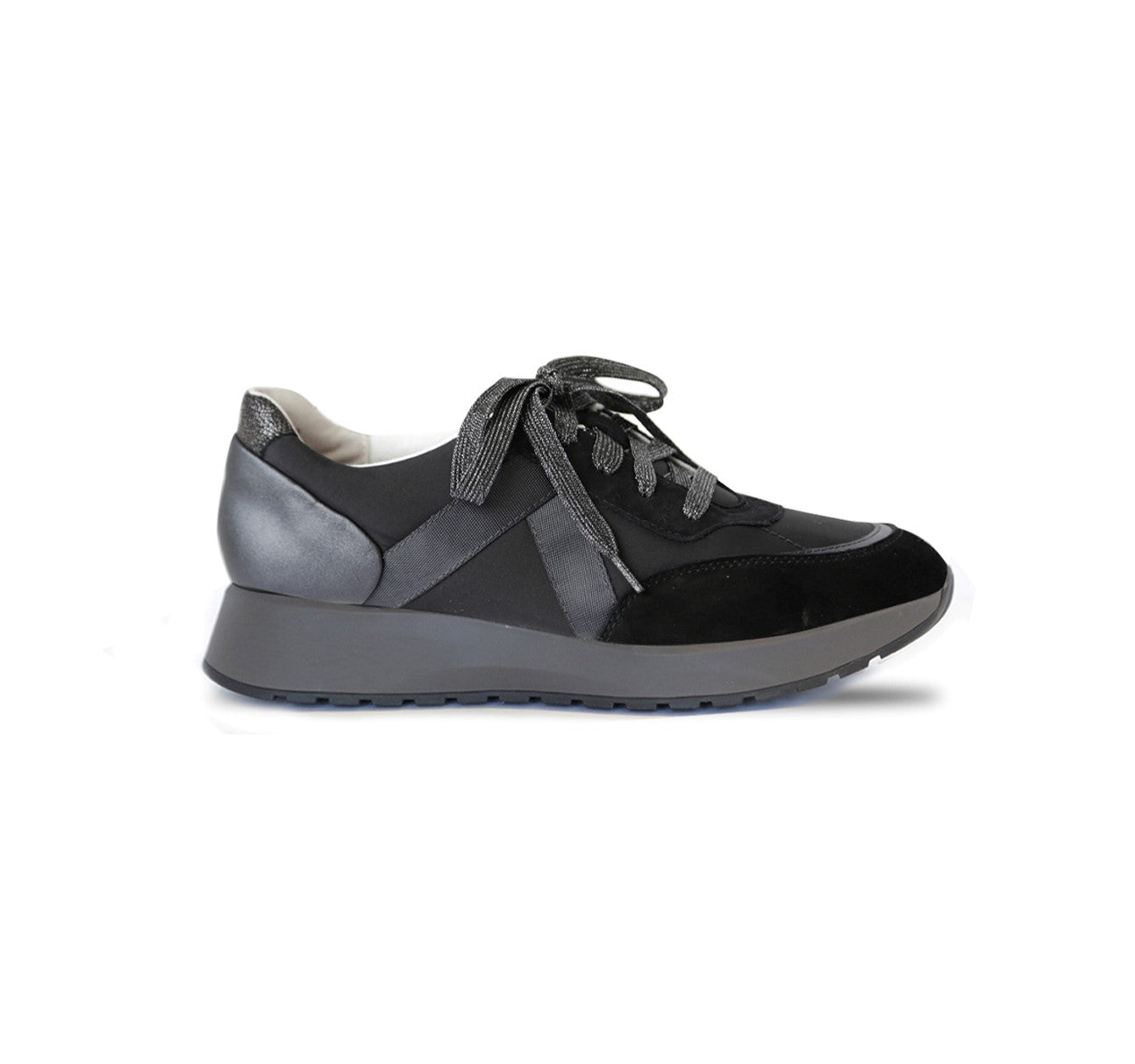 PIPER ATHLEISURE OXFORD IN BLACK SUEDE WITH GREY MIDSOLE - SIDE VIEW