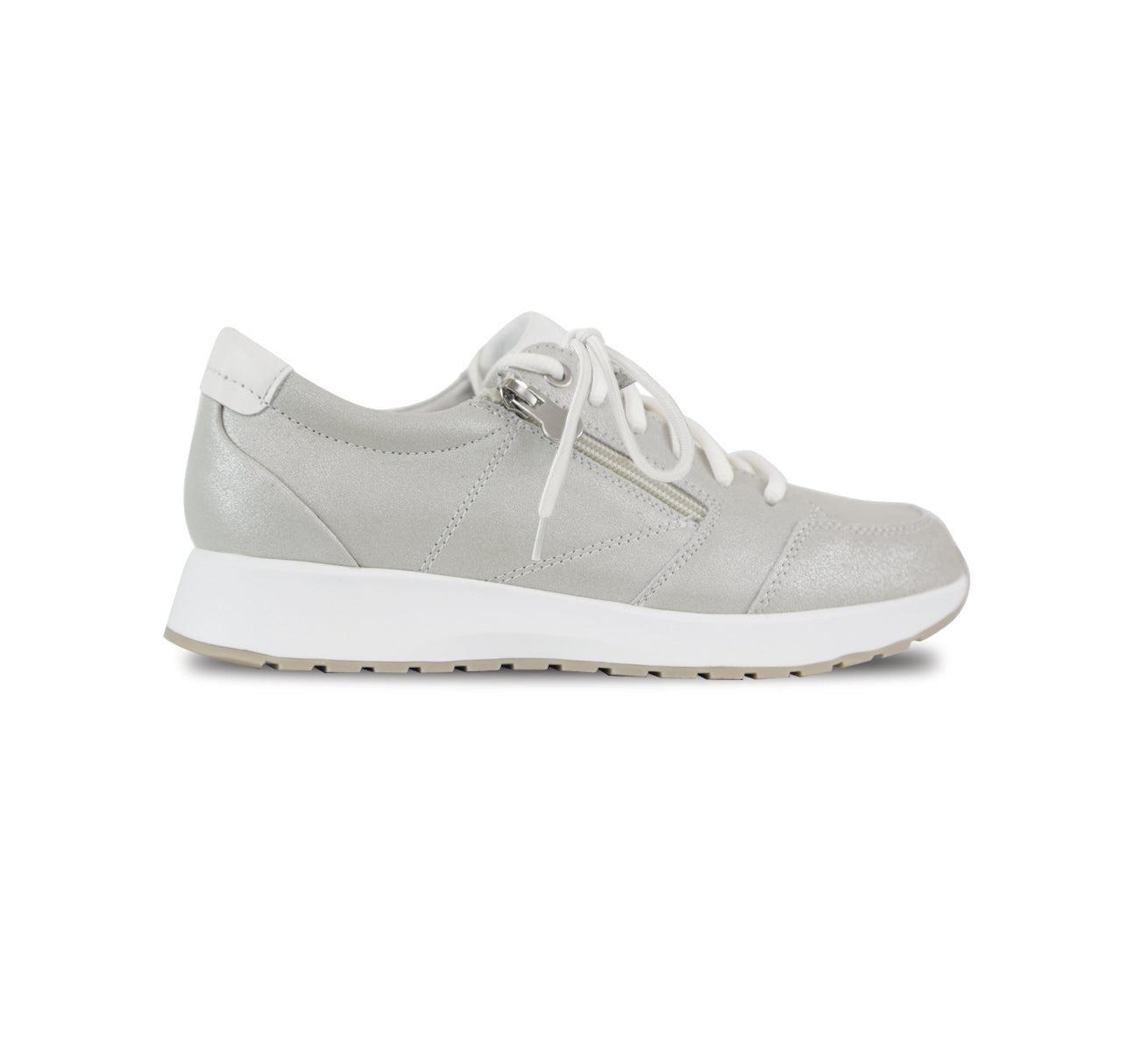 Sutton athleisure lace-up oxford with side zipper in off-white metallic printed suede with metallic leather trim and side zipper-side view