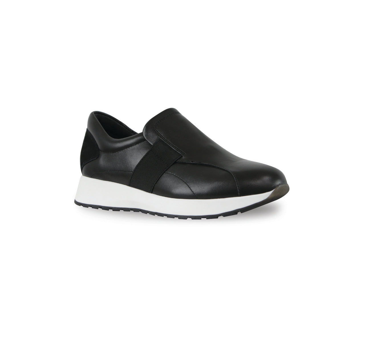 Laurel slip-on athleisure in black kid leather and black suede trim and color matched wide band gore on vamp with white outsole-angle view