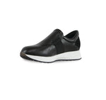 Laurel slip-on athleisure in black kid leather and black suede trim and color matched wide band gore on vamp with white outsole-inside view