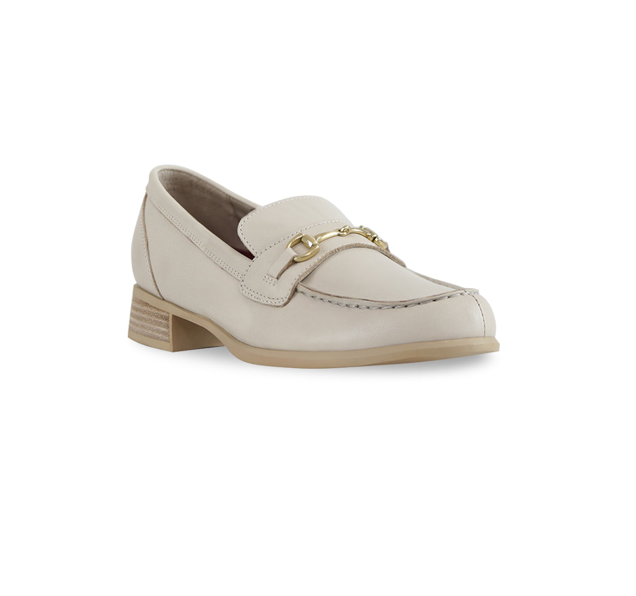 GRYFFIN MOC-TOE PENNY LOAFER IN CREAM LEATHER WITH GOLD COLOR BIT - ANGLE VIEW