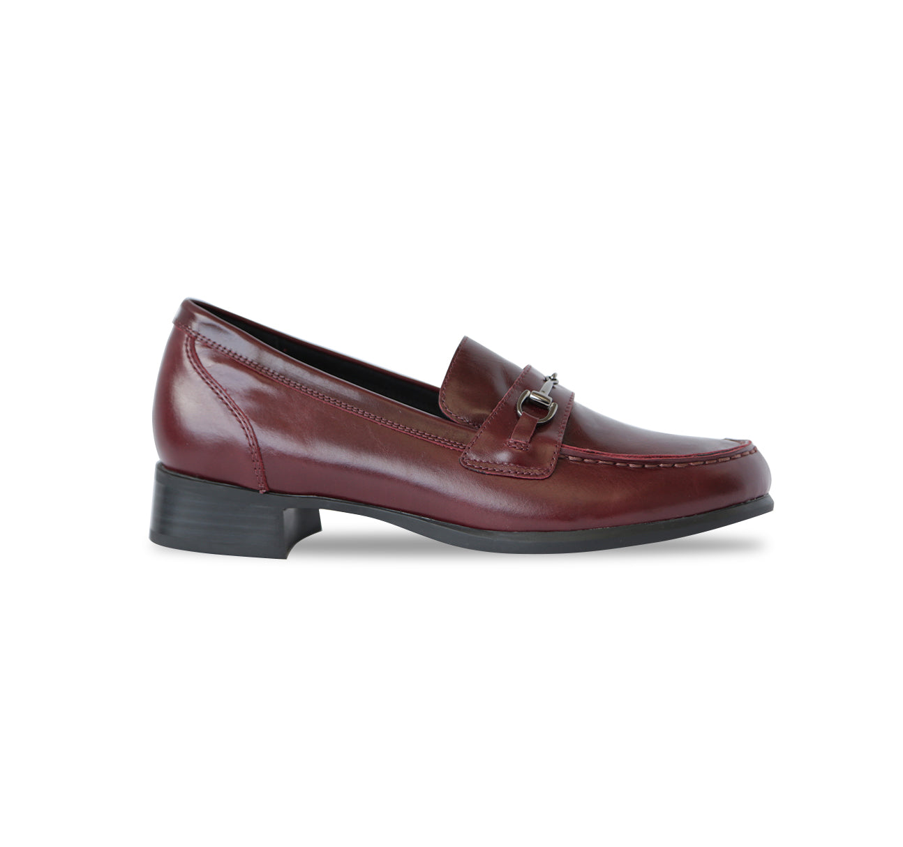 GRYFFIN MOC TOE PENNY LOAFER IN WINE GLAZED CALF LEATHER WITH GUNMETAL BIT - SIDE VIEW