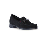 GRYFFIN MOC-TOE PENNY LOAFER IN BLACK SUEDE WITH GUNMETAL BIT - ANGLE VEIW