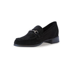 GRYFFIN MOC-TOE PENNY LOAFER IN BLACK SUEDE WITH GUNMETAL BIT - INSIDE VIEW