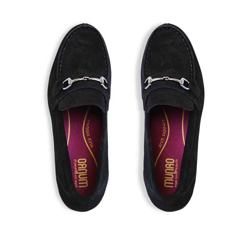 GRYFFIN MOC-TOE PENNY LOAFER IN BLACK SUEDE WITH GUNMETAL BIT - TOP VIEW