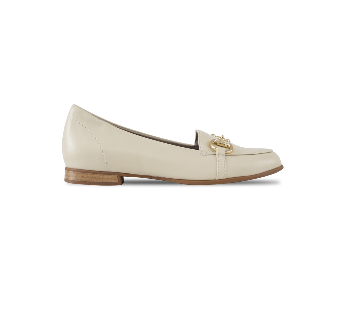 Tanya loafer in cream lamb leather with saddle bit, apron vamp, and latex rubber outsole-side view