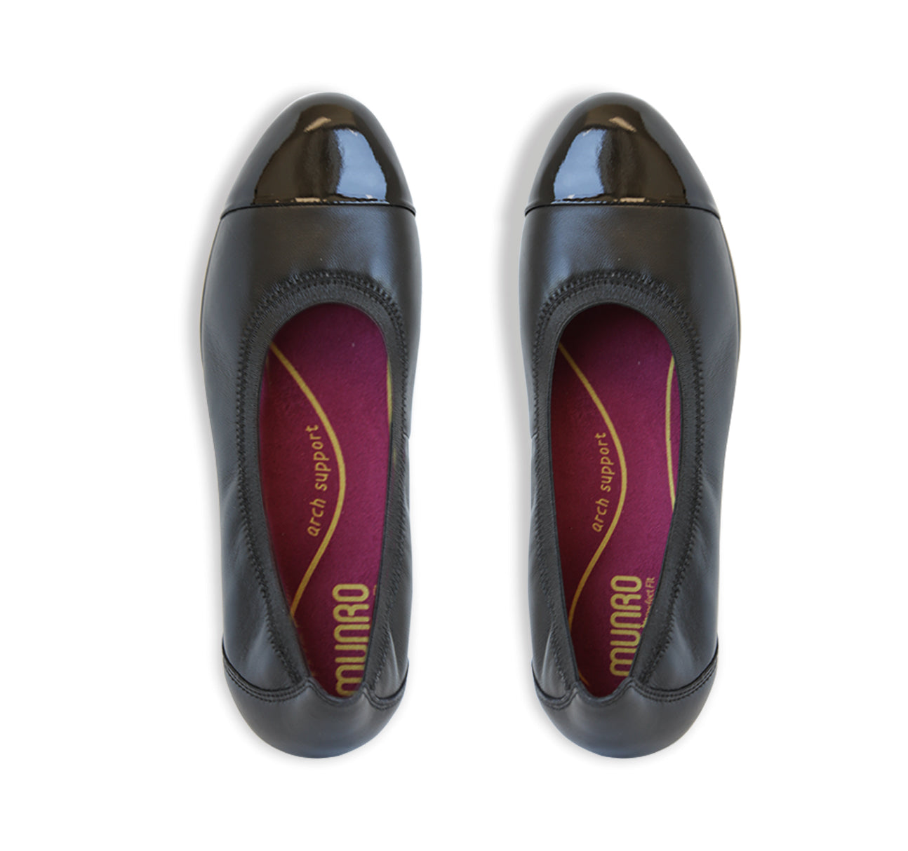 MILA SKIMMER SLIP-ON IN BLACK LAMB LEATHER AND PATENT LEATHER TOE CAP-TOP VIEW