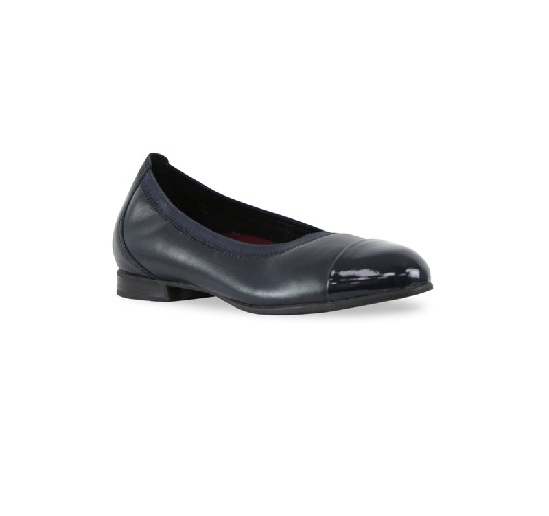 MILA SKIMMER SLIP-ON IN NAVY LAMB LEATHER AND PATENT LEATHER TOE CAP-ANGLE VIEW