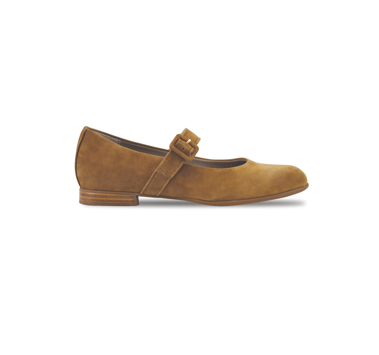 MJ low heel Mary-Jane with a wrapped buckle in ginger suede on a rubber unit with half-inch hidden wedge for added comfort-side view