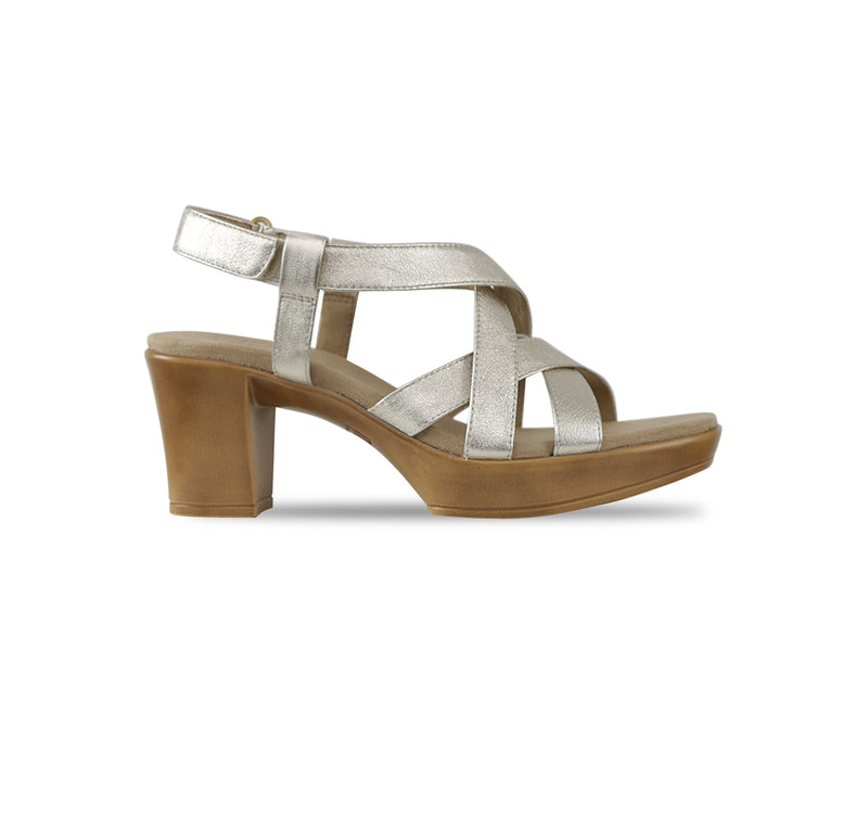 Maddox crisscross straps and hook & loop ankle strap on platform unit in gold leather-side view