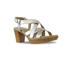 Maddox crisscross straps and hook & loop ankle strap on platform unit in gold leather-angle view