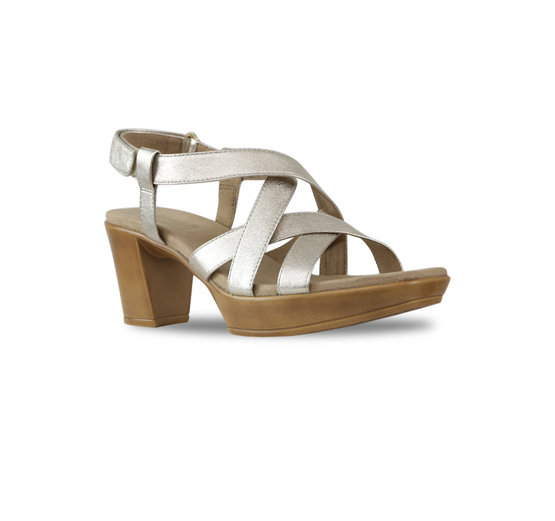 Maddox crisscross straps and hook & loop ankle strap on platform unit in gold leather-angle view